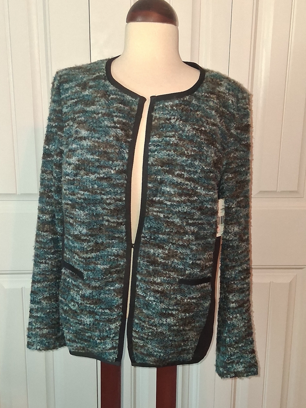 NWT Kim Rogers Teal and Black Open-Front Jacket Women's Size Large.